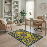Golden Yellow Persian Area Rug with Blue Floral Medallion
