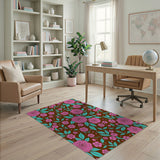 Vibrant Pink Roses Teal Leaves Floral Area Rug