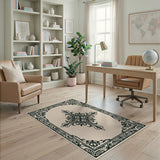 Ornate Black Floral Frame Beige Area Rug
