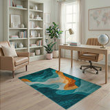 Teal Wave Abstract Area Rug with Orange Curves