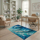 Abstract Blue Ocean Wave Washable Area Rug, Low Pile Non-Slip