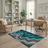 Blue and Teal Teal Grey Abstract Wave Area Rug