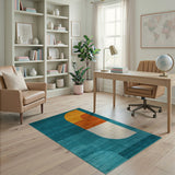 Teal and Orange Curved Geometric Area Rug