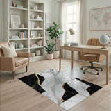 ODIKA Modern Washable Marble Rug - Black, White & Gold Geometric Low Pile Area Rug