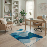 Serene Blue Teal Wave Coastal Area Rug