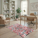 Bold Red Black Geometric Maze Area Rug