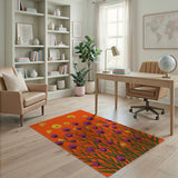 Vibrant Orange Floral Rug with Purple Yellow Blooms