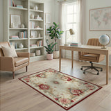 ODIKA Washable Traditional Floral Area Rug - Non-Slip Low Pile Vintage Cream & Burgundy Rug