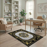 Ornate Black Gold Floral Medallion Rug