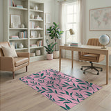 Vibrant Pink Green Leaf Pattern Area Rug
