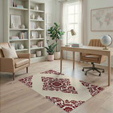 Red Floral Damask Medallion Area Rug on Beige