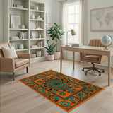 Vibrant Orange Teal Floral Medallion Rug