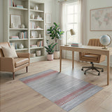 Grey Striped Area Rug with Bold Red Geometric Accents