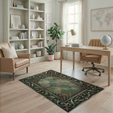 Ornate Green Patina Distressed Vintage Area Rug
