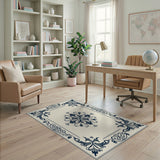Beige and Neutral Ornate Navy Floral Medallion Area Rug