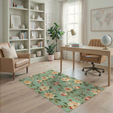 Mint Green Peach Blossom Floral Vintage Area Rug