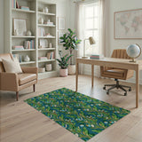 Teal Floral Leaf Blossom Area Rug