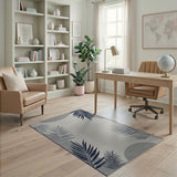 Navy Palm Leaf Grey Circle Coastal Rug