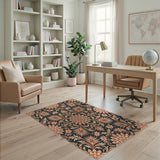Elegant Gold Floral Damask Black Area Rug