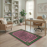 Pink Labyrinth Maze Area Rug with Ornate Green Border