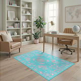 Flamingo Floral Blue Teal Washable Area Rug