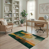 ODIKA Modern Abstract Washable Rug - Green & Gold Geometric Low Pile Area Rug, Non-Slip, OEKO-TEX Certified