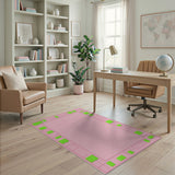 Pink Area Rug with Bold Green Geometric Borders