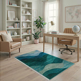 Geometric Modern Teal Wave Abstract Area Rug