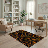 Orange Wavy Lines on Black Abstract Area Rug