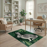 Whimsical Gray Bunny in Lush Green Leaves Area Rug
