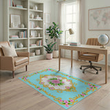 Ornate Pink Rose Gold-Framed Blue Area Rug