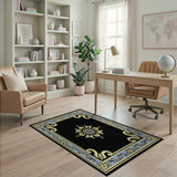Black Persian Medallion Area Rug with Gold Floral Blue Border