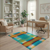 Vibrant Teal Orange Striped Geometric Area Rug