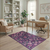 Purple Persian Floral Area Rug with Pink Blooms