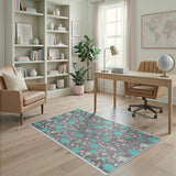 Teal Floral Grey Area Rug