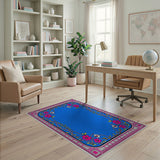 Vintage Blue Area Rug with Pink Floral Border