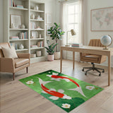 Emerald Green Koi Fish Area Rug with White Flowers