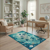 ODIKA Sea Turtle Ocean Life Washable Area Rug - Non-Slip Low Pile Coastal Decor