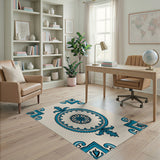 Cream Blue Ornate Medallion Area Rug