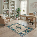 Teal Ornate Floral Border Cream Area Rug