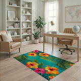 ODIKA Tropical Hibiscus Washable Rug - Teal Palm Leaf Low Pile Non-Slip Area Carpet
