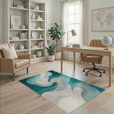 Washable Modern Abstract Teal Wave Area Rug