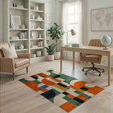ODIKA Washable Mid-Century Modern Geometric Area Rug - Low Pile, Non-Slip, Green & Orange
