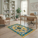 Ornate Blue Gold Floral Medallion Rug