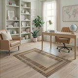 Tan Brown Striped Border Area Rug with Cream Center