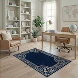 Navy Blue Ornate Floral Border Blue and Teal Area Rug