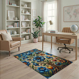Vibrant Blue Lily Bird and Fruit Tree Floral Rug