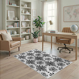 Black White Ornate Floral Damask Area Rug