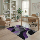 ODIKA Washable Modern Abstract Wavy Rug - Purple Grey Low Pile Non-Slip Area Rug
