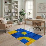Bold Blue Yellow Curved Geometric Area Rug